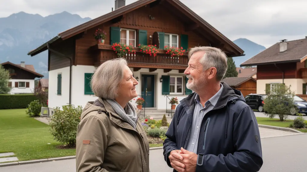 Couple propriétaire observant leur maison individuelle en Suisse romande
