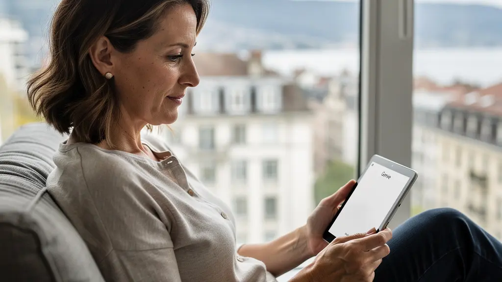 Propriétaire consultant une estimation immobilière sur tablette à Genève